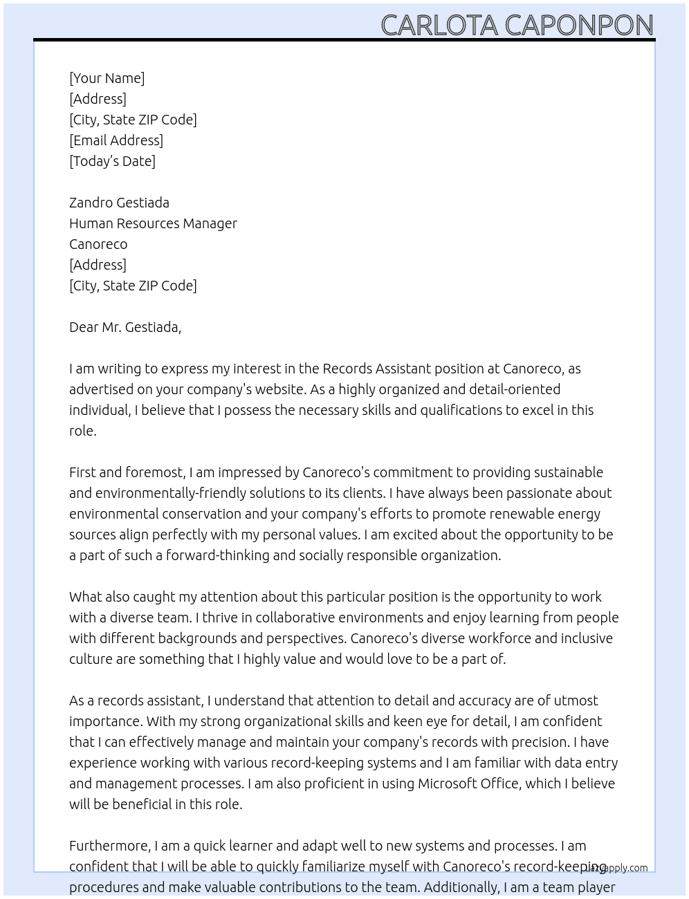 Records Assistant  At Canoreco  Cover Letter