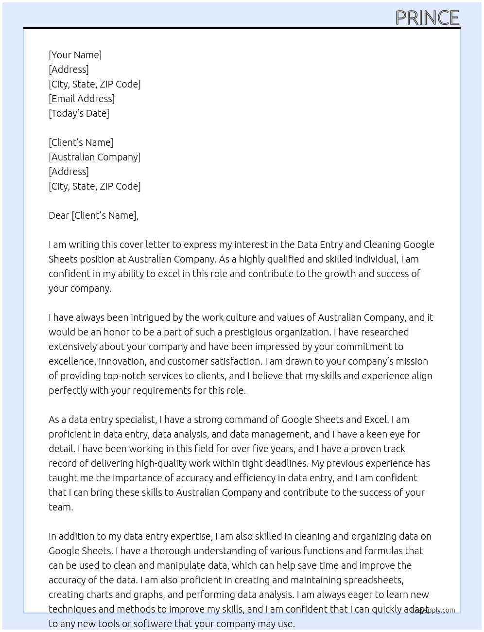 Data Entry , Cleaning  Google Sheets At Australian Company Cover Letter