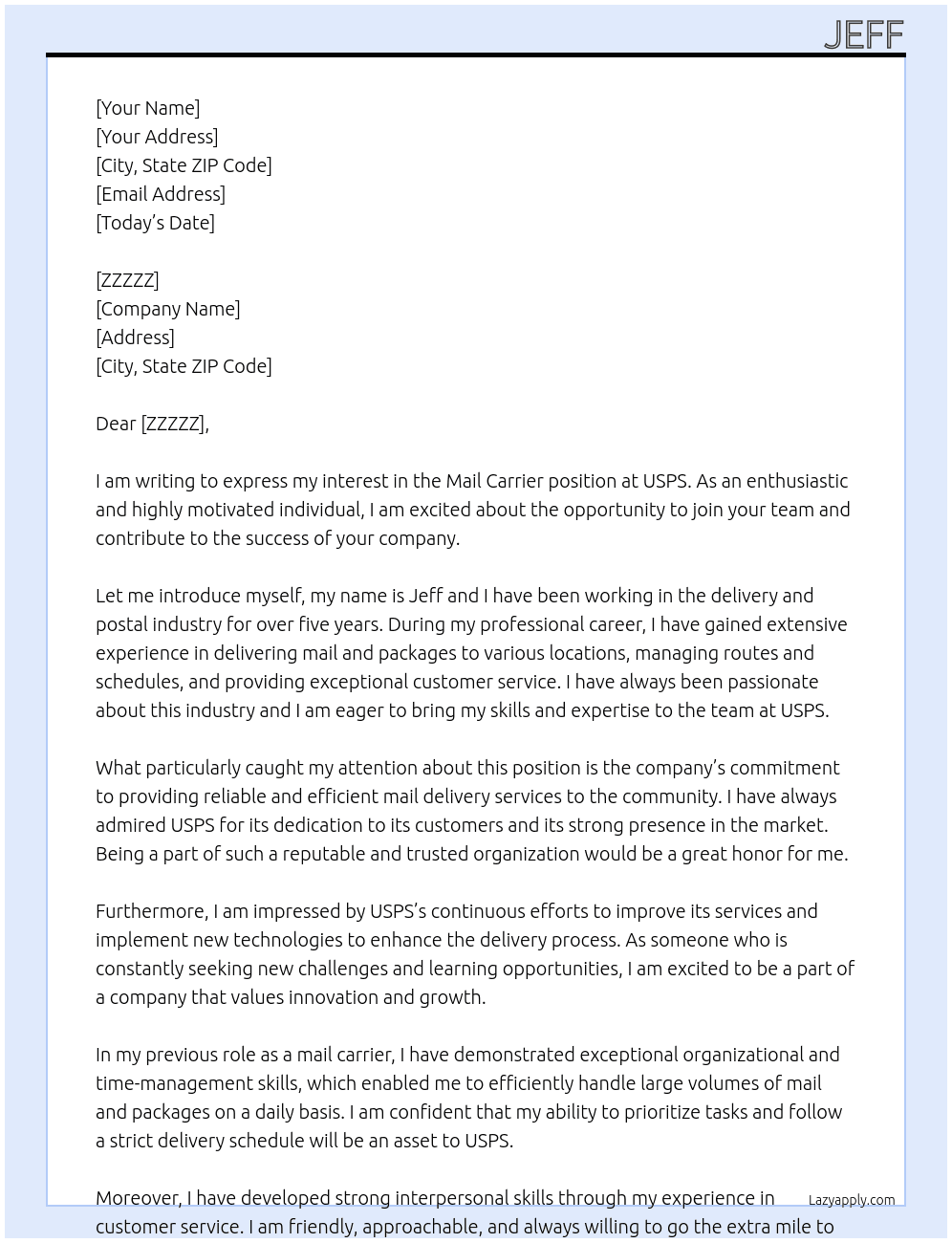 mail carrier At USPS Cover Letter