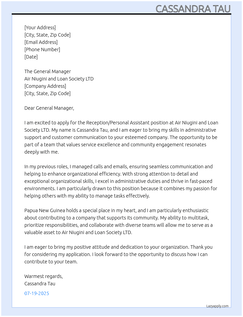 Cover letter for reception/ personal assistant - LazyApply
