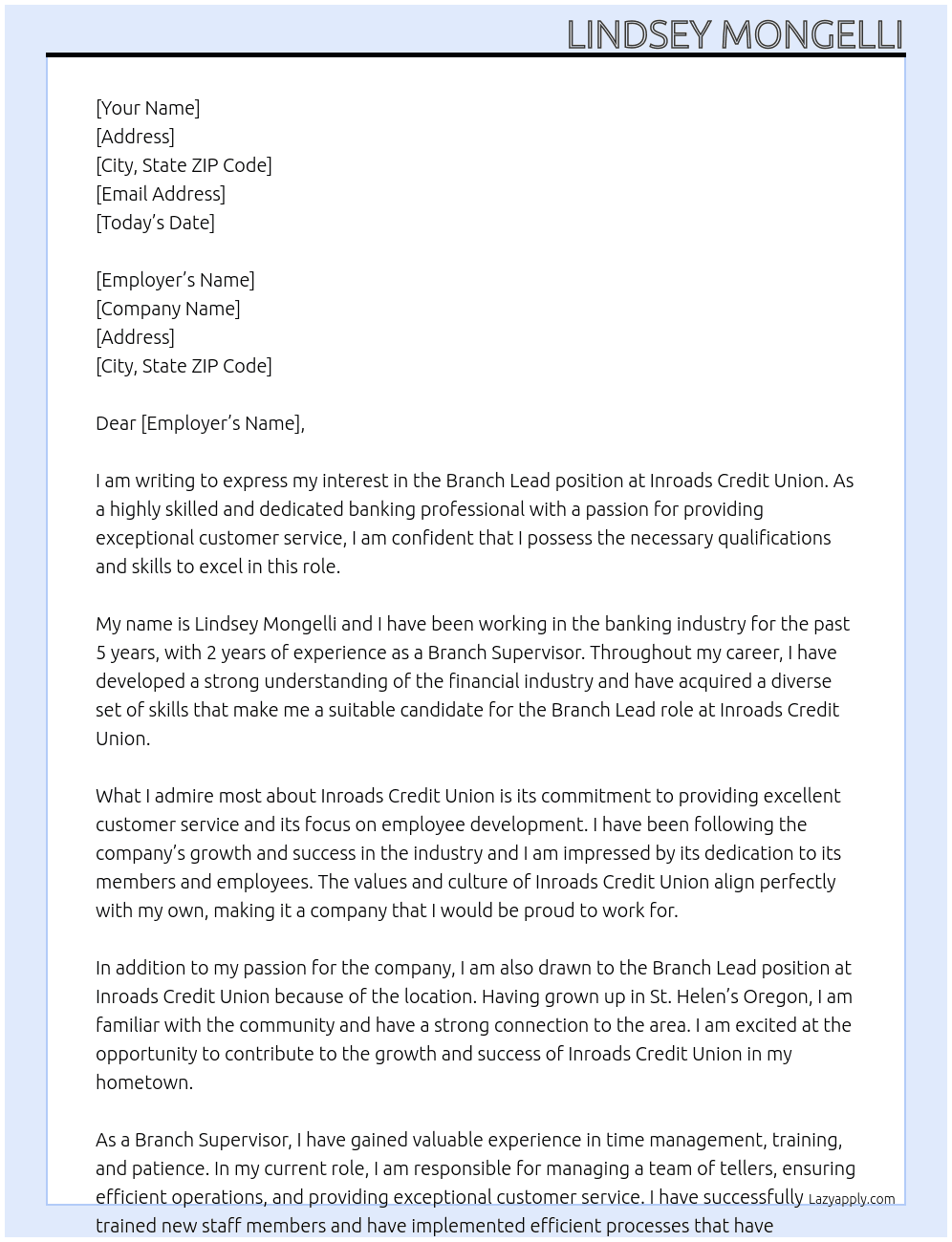 Branch Lead At Inroads Credit Union Cover Letter