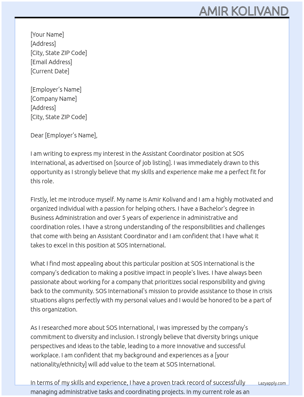 assistant coordinator At Amir Kolivand Cover Letter