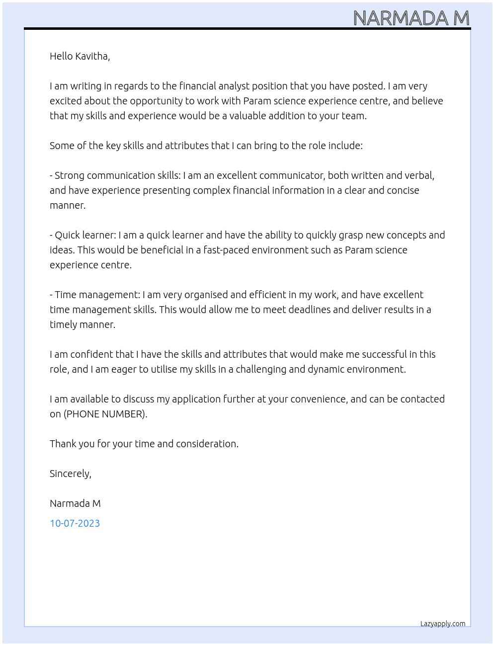 Financial analyst  At Param science experience centre  Cover Letter