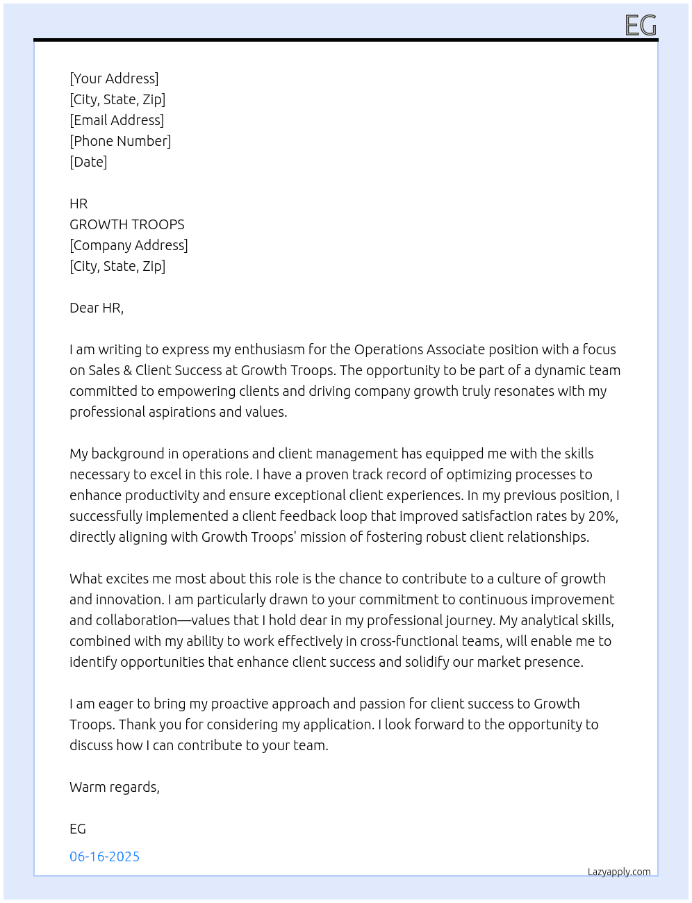 Operations Associate – Sales & Client Success Focus At GROWTH TROOPS Cover Letter