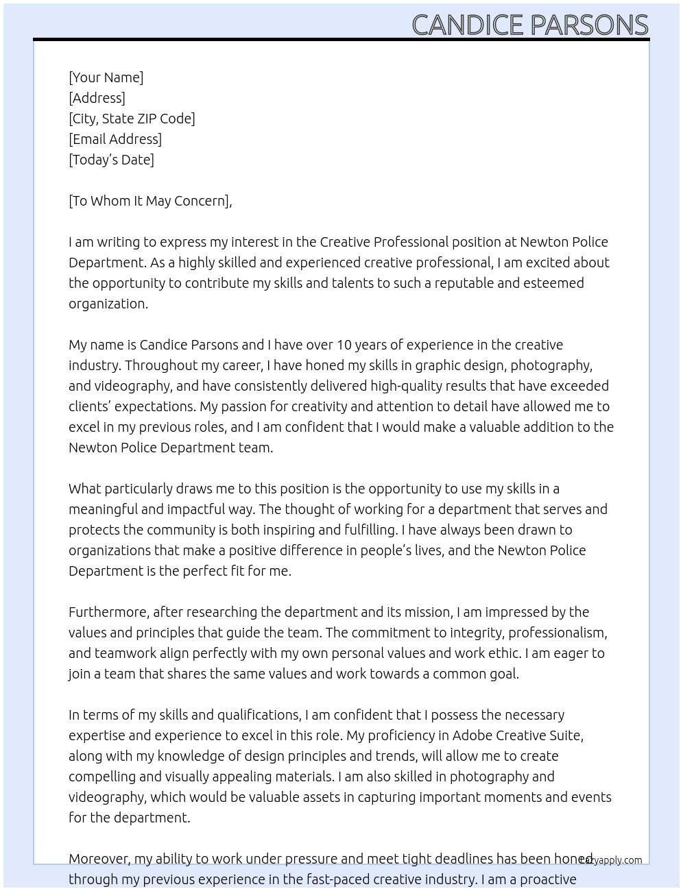 Cover letter for creative professional - LazyApply