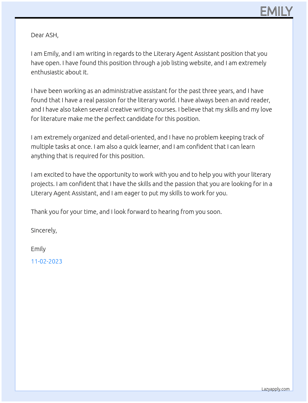Literary Agent Assistant At ASH Cover Letter