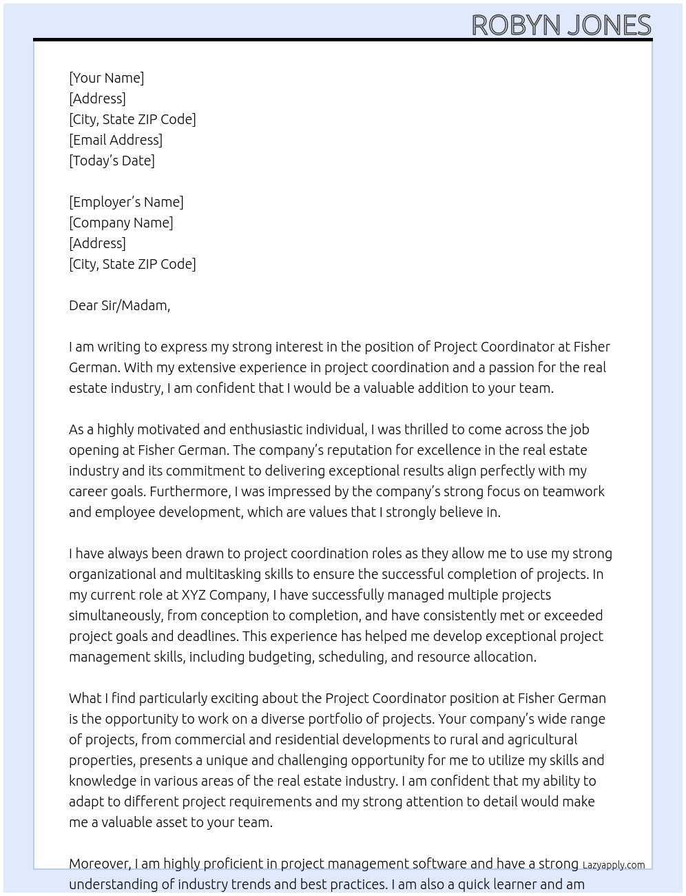 Project coordinator  At Fisher German  Cover Letter