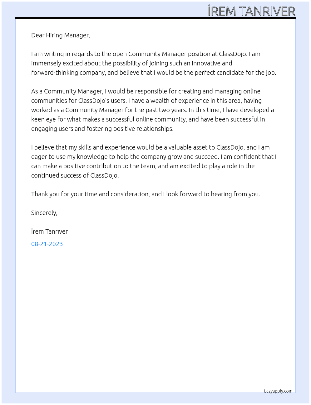Community Manager At ClassDojo Cover Letter
