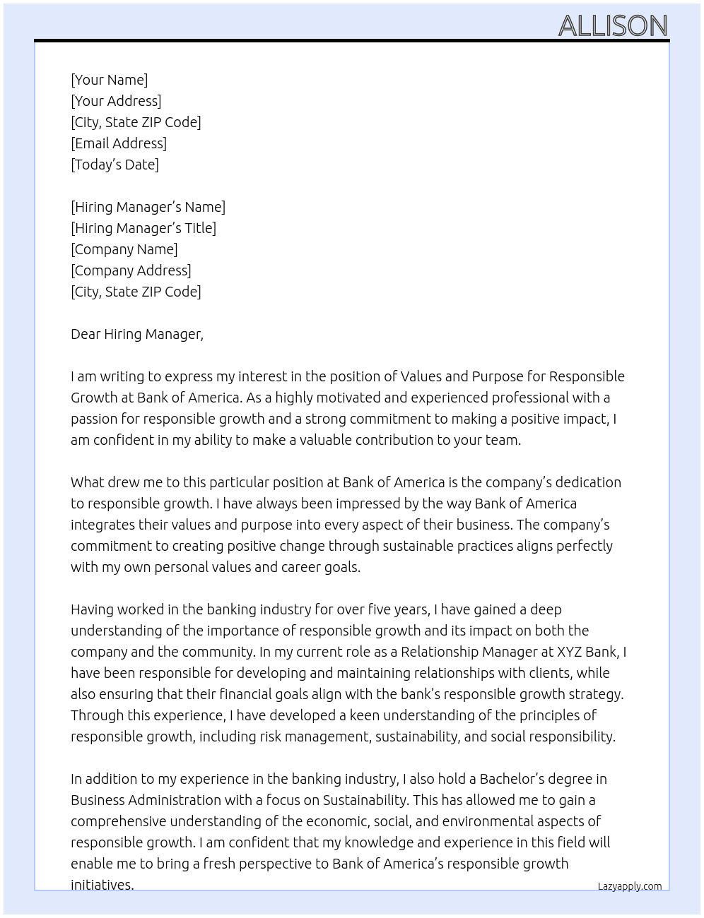 Values and purpose for Responsible Growth At Bank Of America Cover Letter