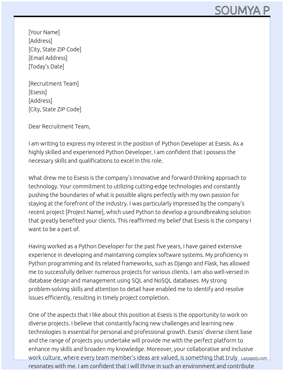 python developer At esesis Cover Letter