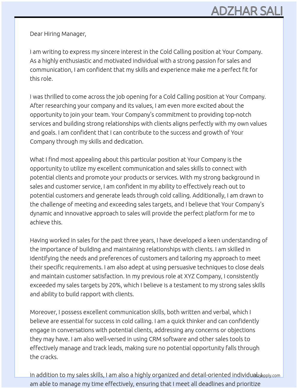 cold calling At Your Company Cover Letter