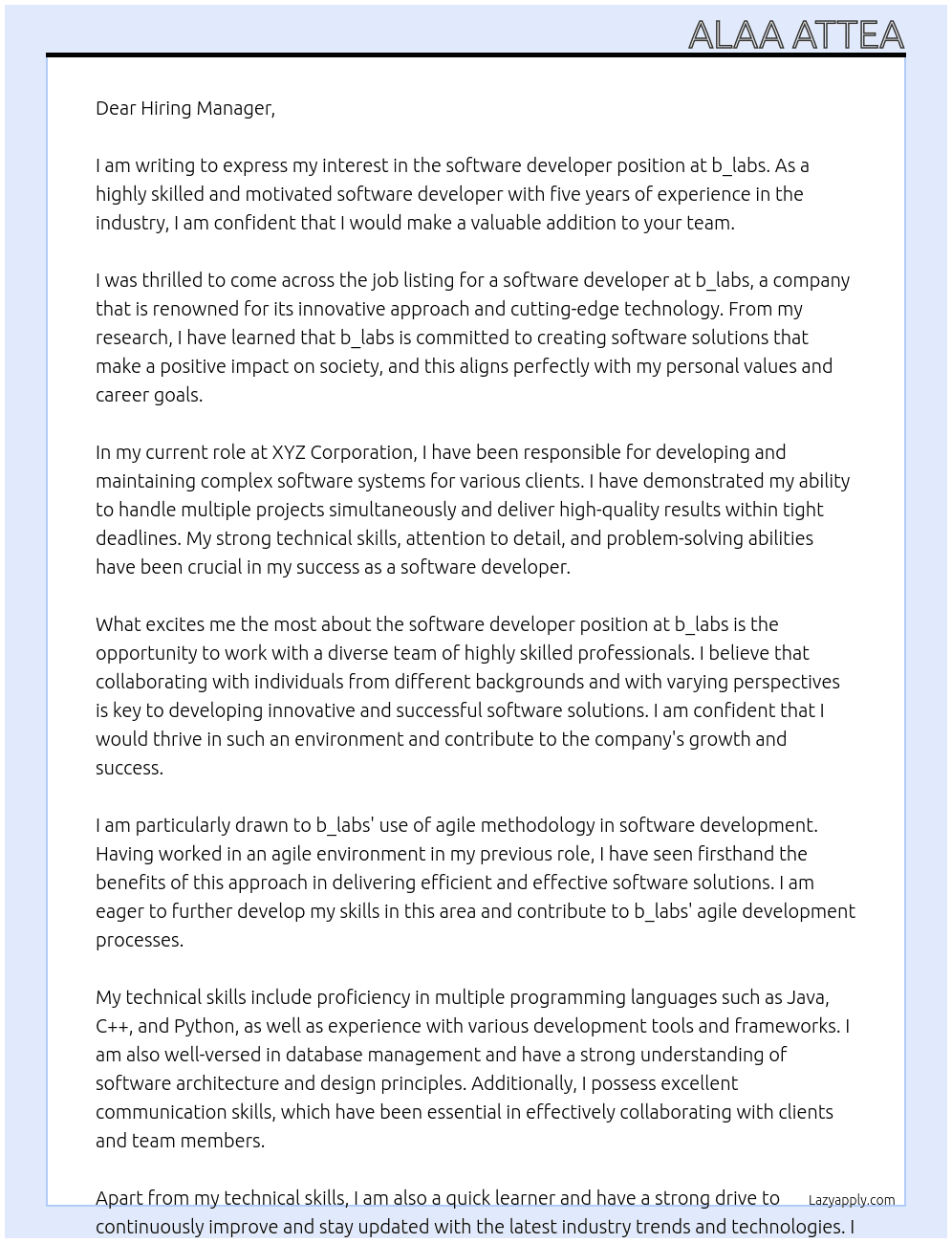 software developer At b_labs Cover Letter