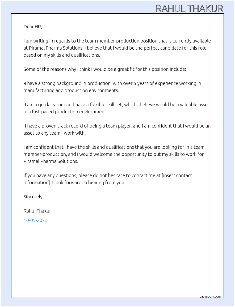 Team member-production At Piramal Pharma Sollution Cover Letter