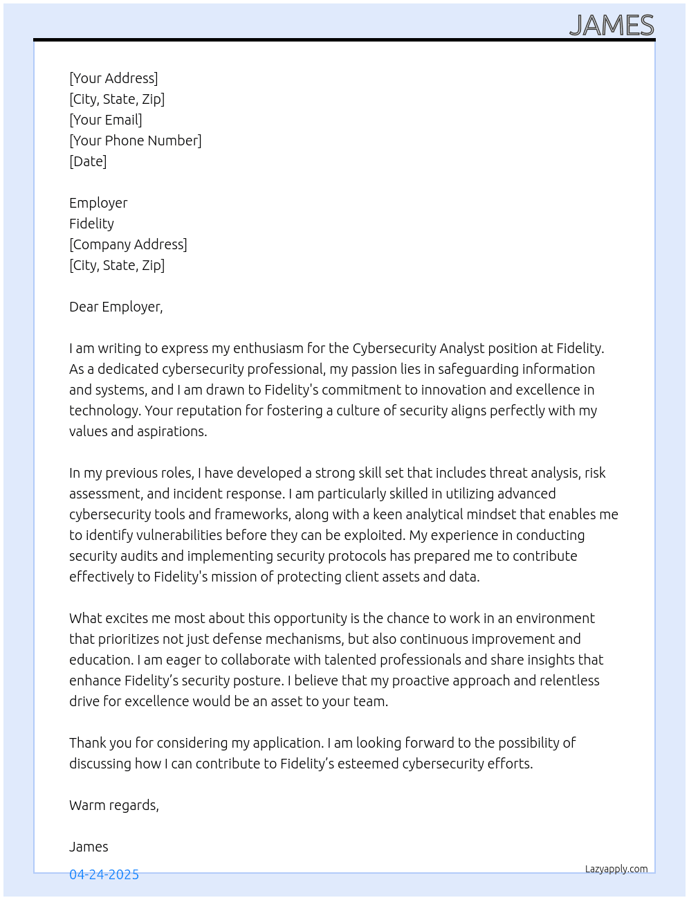 cybersecurity analyst At Fidelity Cover Letter
