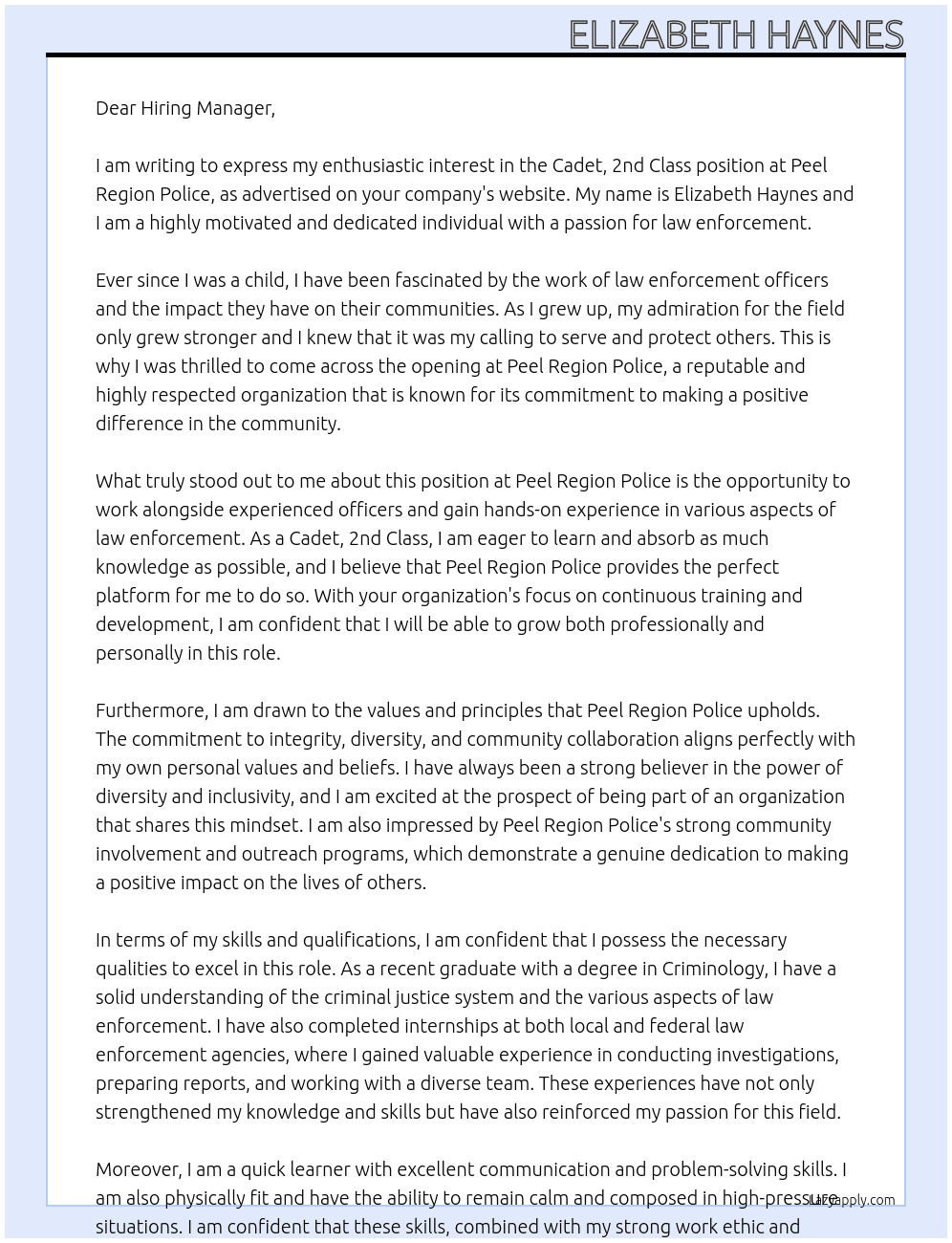 Cadet, 2nd Class At Peel Region Police  Cover Letter