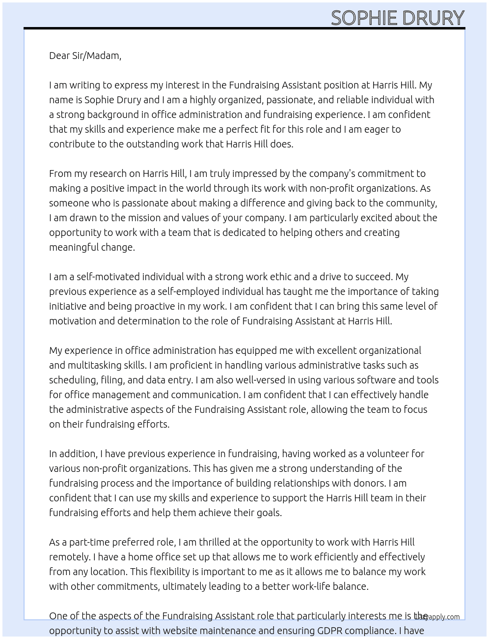 Fundraising Assistant At Harris Hill Cover Letter