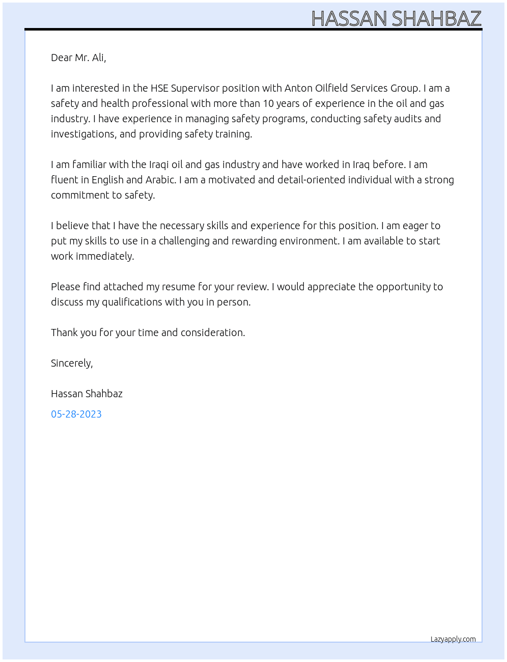 HSE Supervisor At Anton Oilfield Services Group Cover Letter