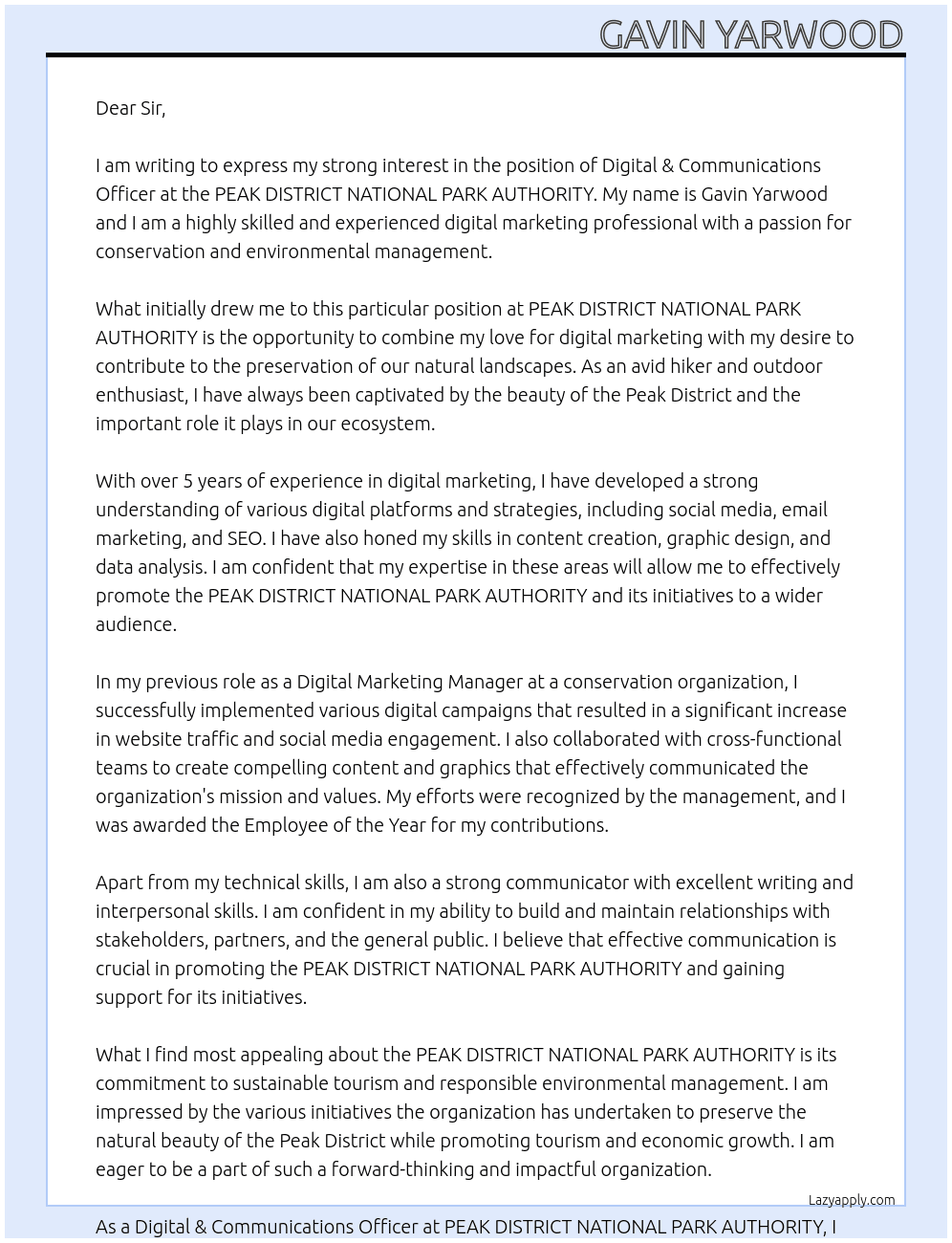 Digital & Communications Officer At PEAK DISTRICT NATIONAL PARK AUTHORITY Cover Letter
