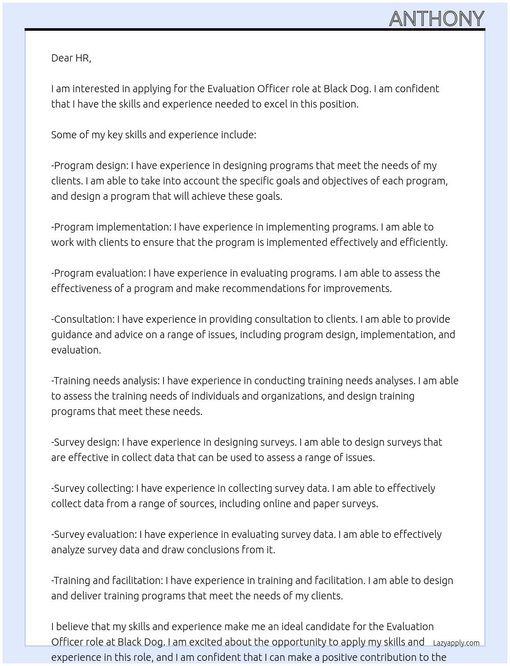 Evaluation Officer At Black Dog Cover Letter