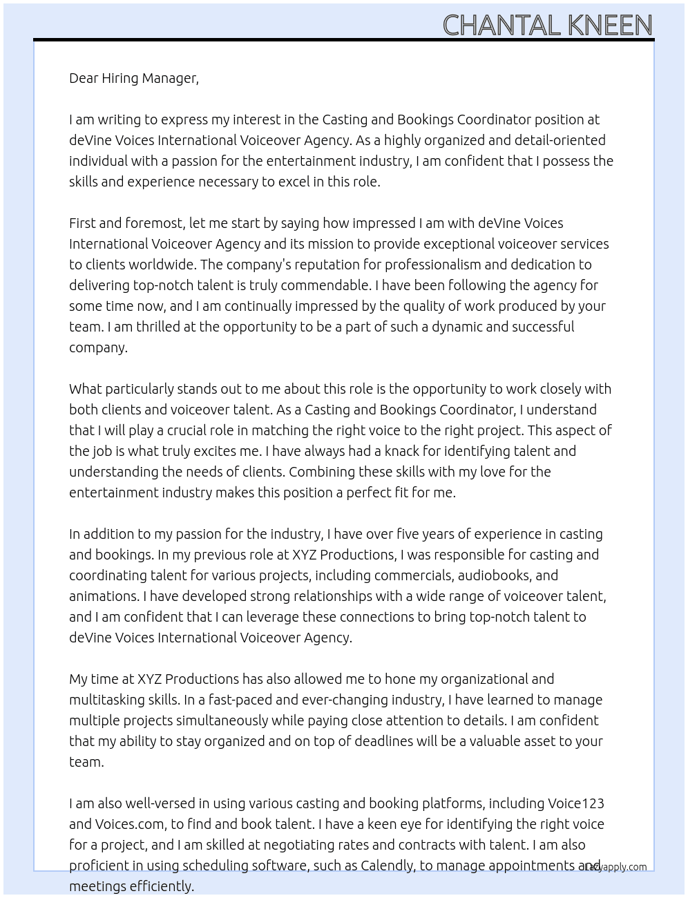 Casting and Bookings Coordinator At deVine Voices International Voiceover Agency Cover Letter