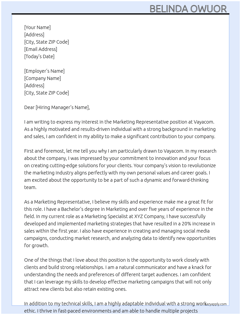 Marketing representative  At Vayacom Cover Letter