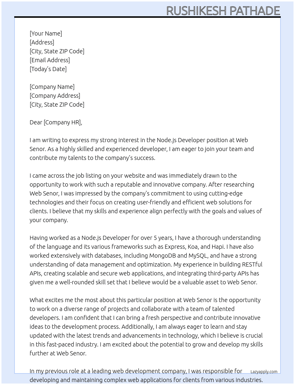 Node.js Developer At Web senor Cover Letter