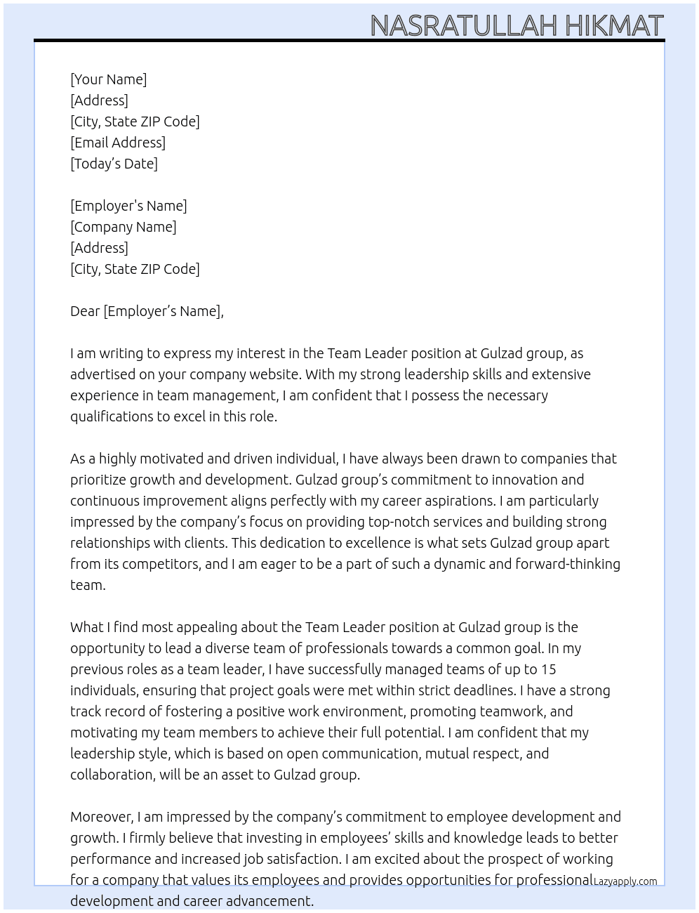 Team Leader  At Gulzad group Cover Letter