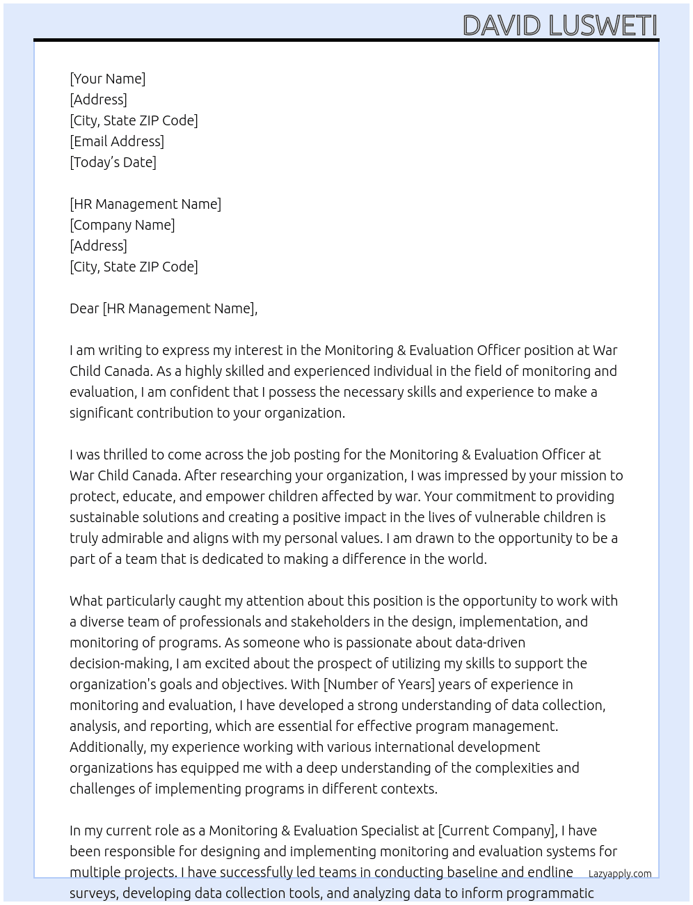 Monitoring & Evaluation Officer At War Child Canada Cover Letter