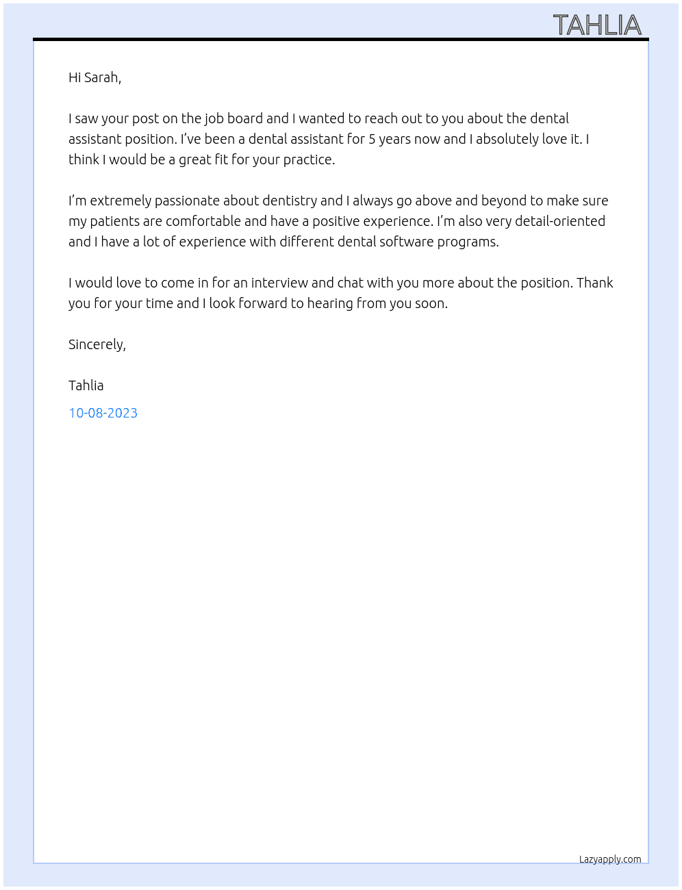 Dental assistant  At Bios dental care  Cover Letter