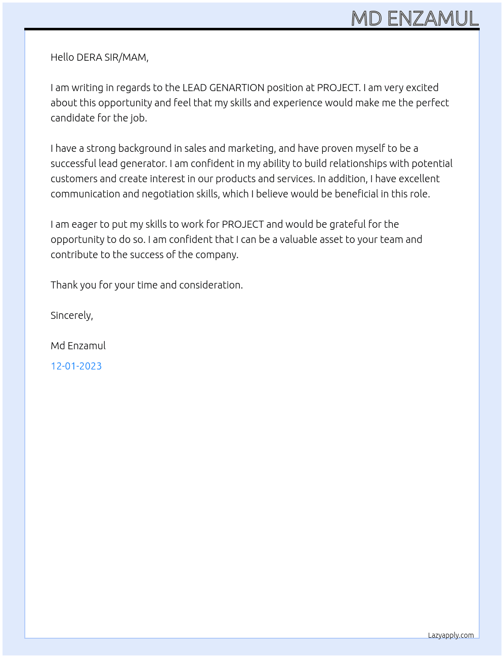 LEAD GENARTION At PROJECT Cover Letter