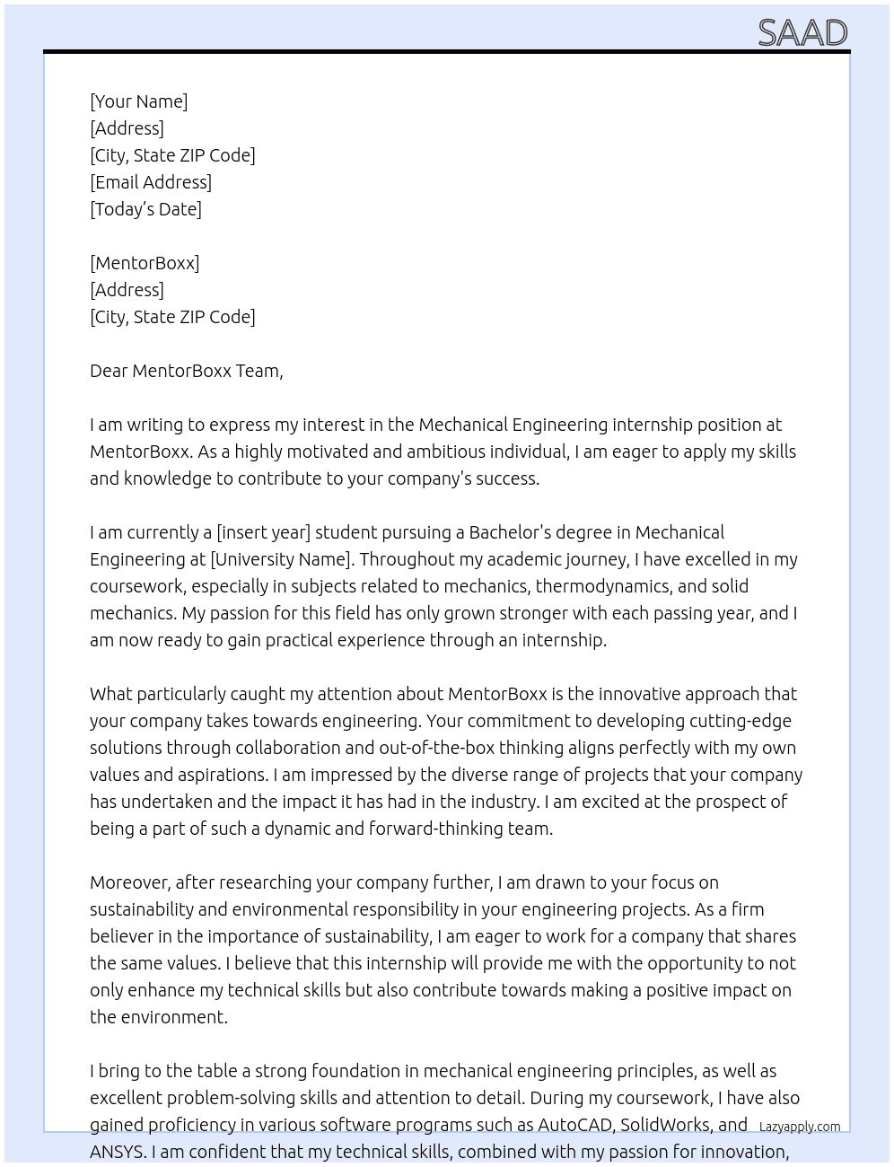 Mechanical Engineering internship At MentorBoxx Cover Letter