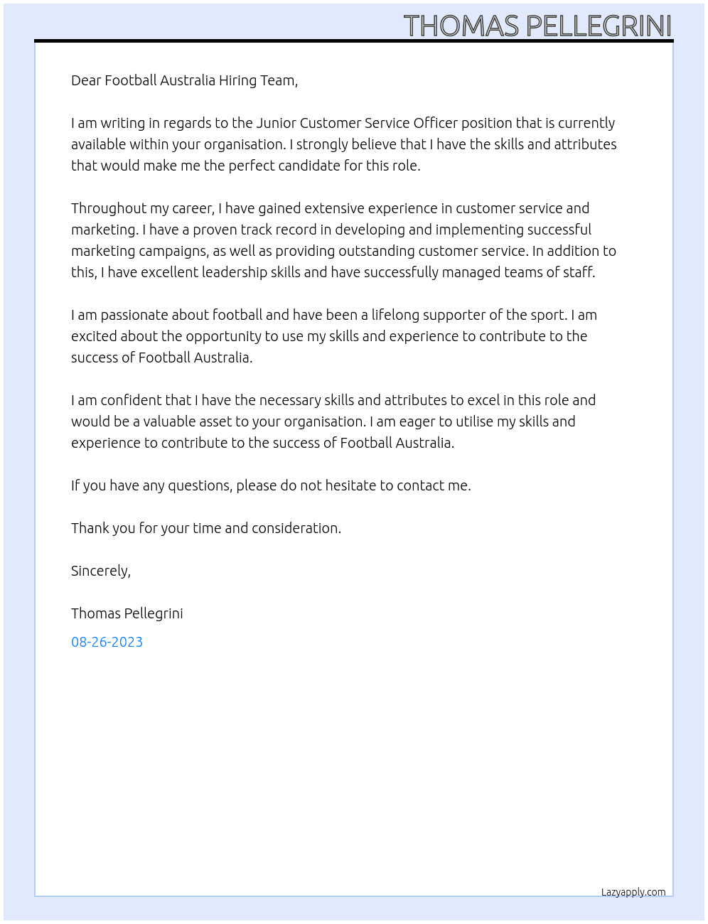 Junior Customer Service Officer At Football Australia Cover Letter