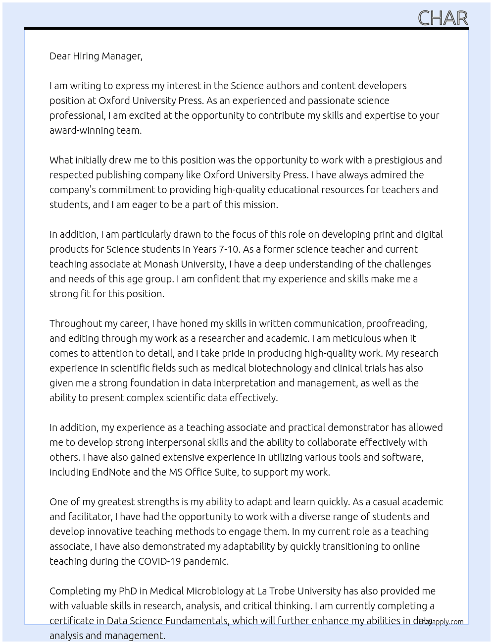 Science authors and content developers At Oxford University Press  Cover Letter