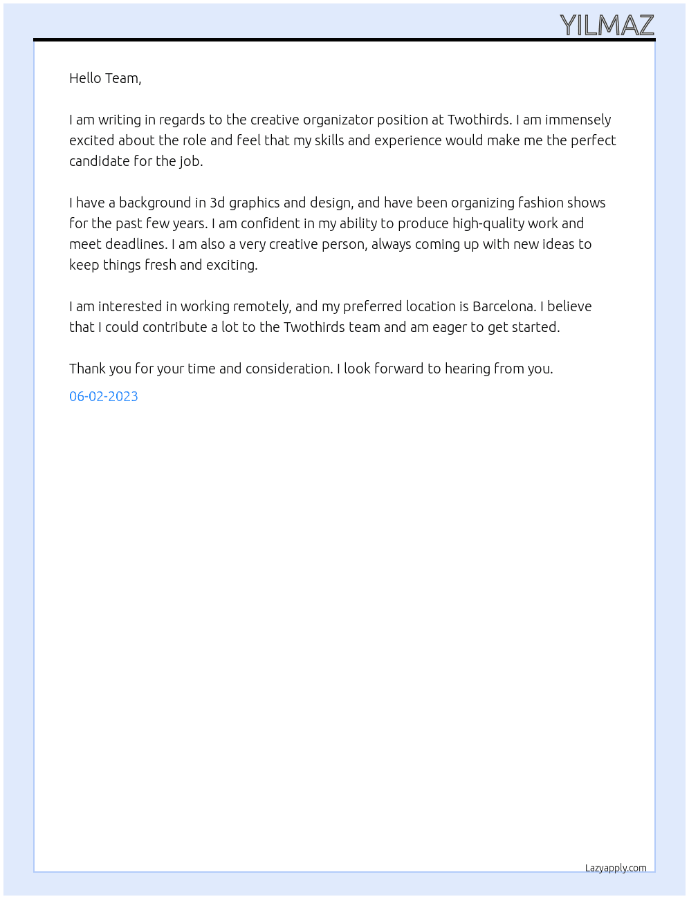 creative organizator At Twothirds Cover Letter