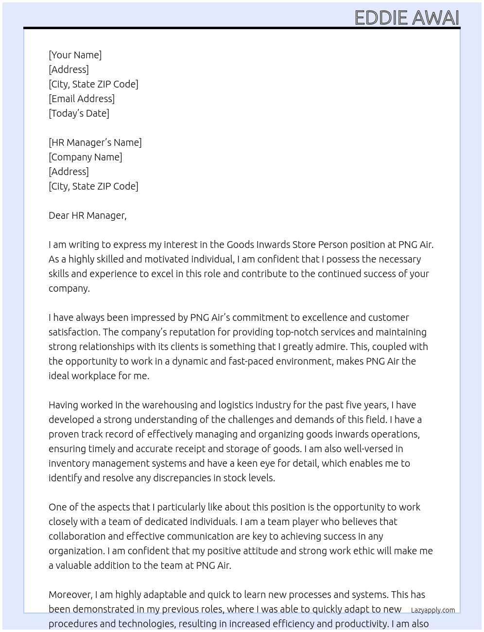 Goods Inwards Store Person At PNG Air Cover Letter