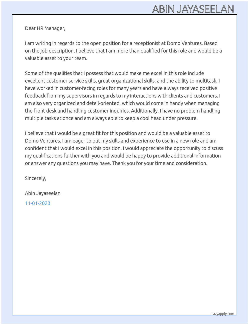 Receptionist  At Domo ventures  Cover Letter