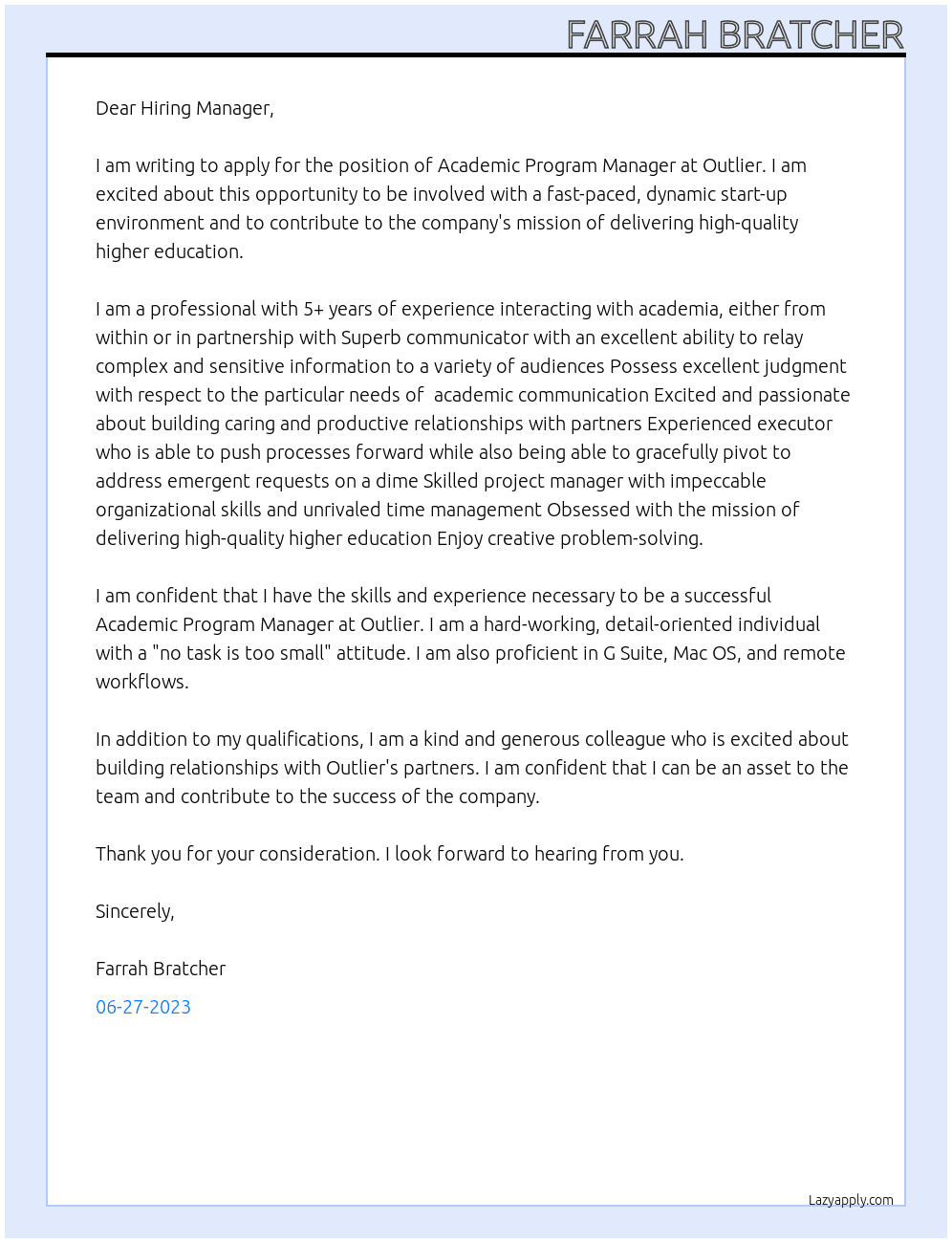 Academic Program Manager At Outlier  Cover Letter