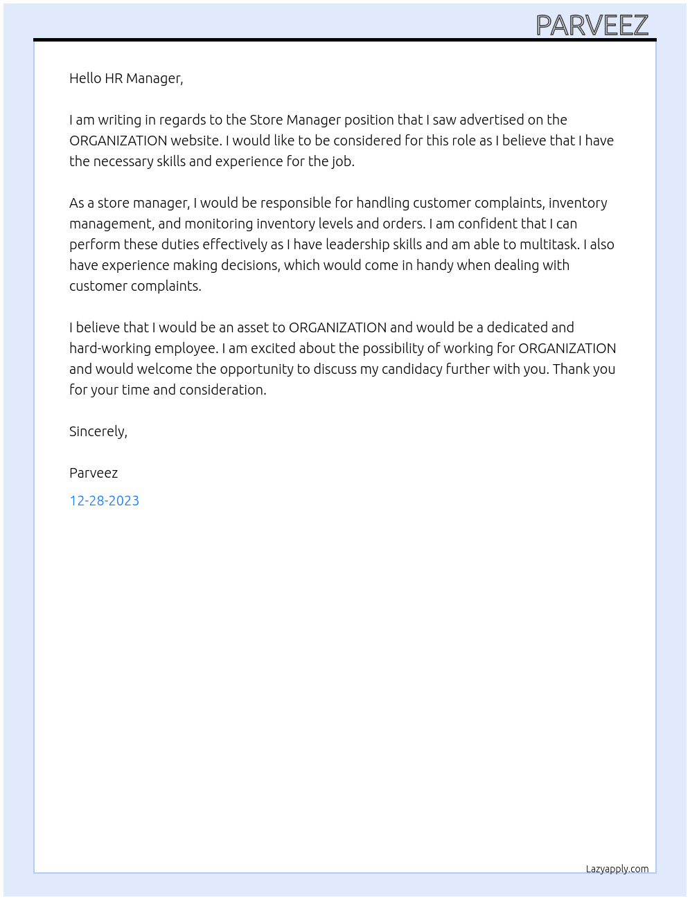 STORE MANAGER At ORGANIZATION Cover Letter