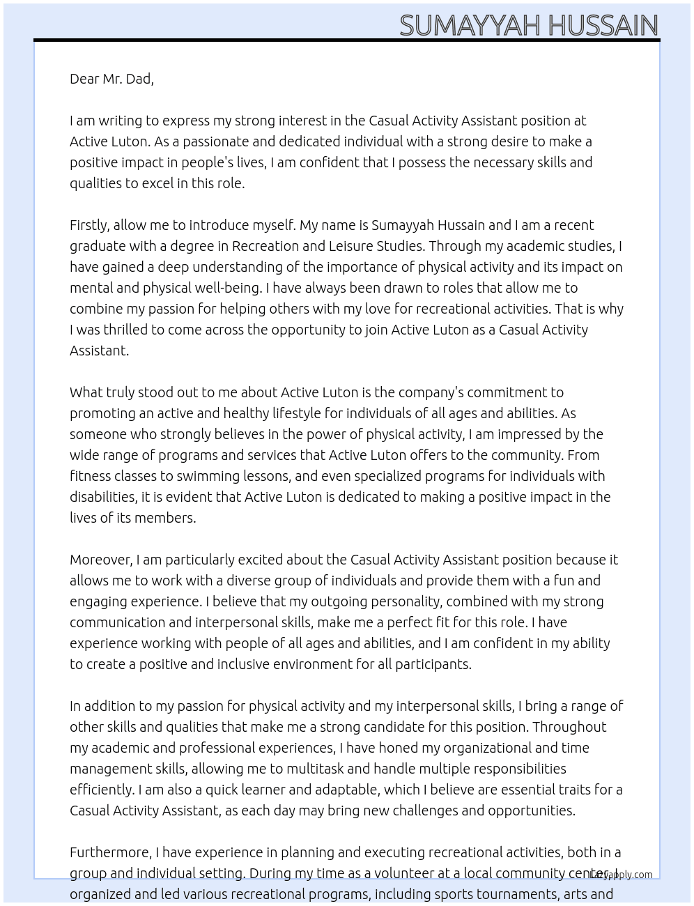 Cover letter for casual activity assistant - LazyApply