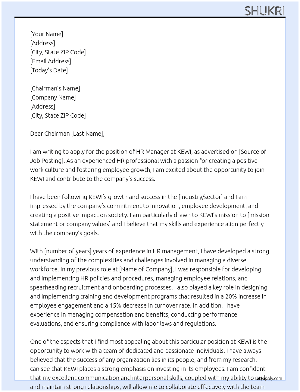 hr manager At KEWI Cover Letter