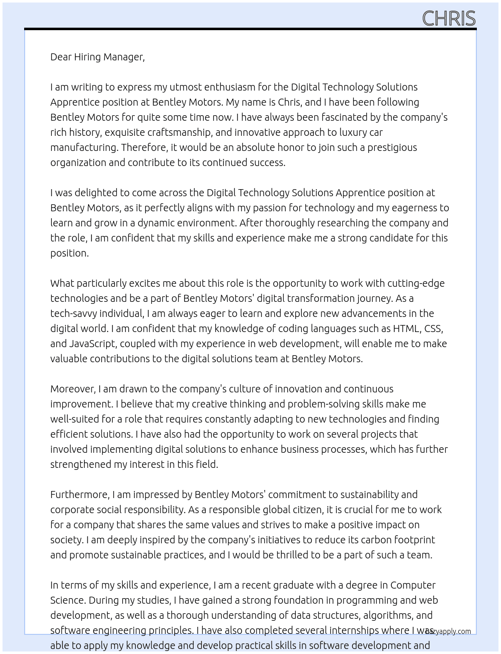 Digital Technology Solutions Apprentice At Bentley Motors Cover Letter
