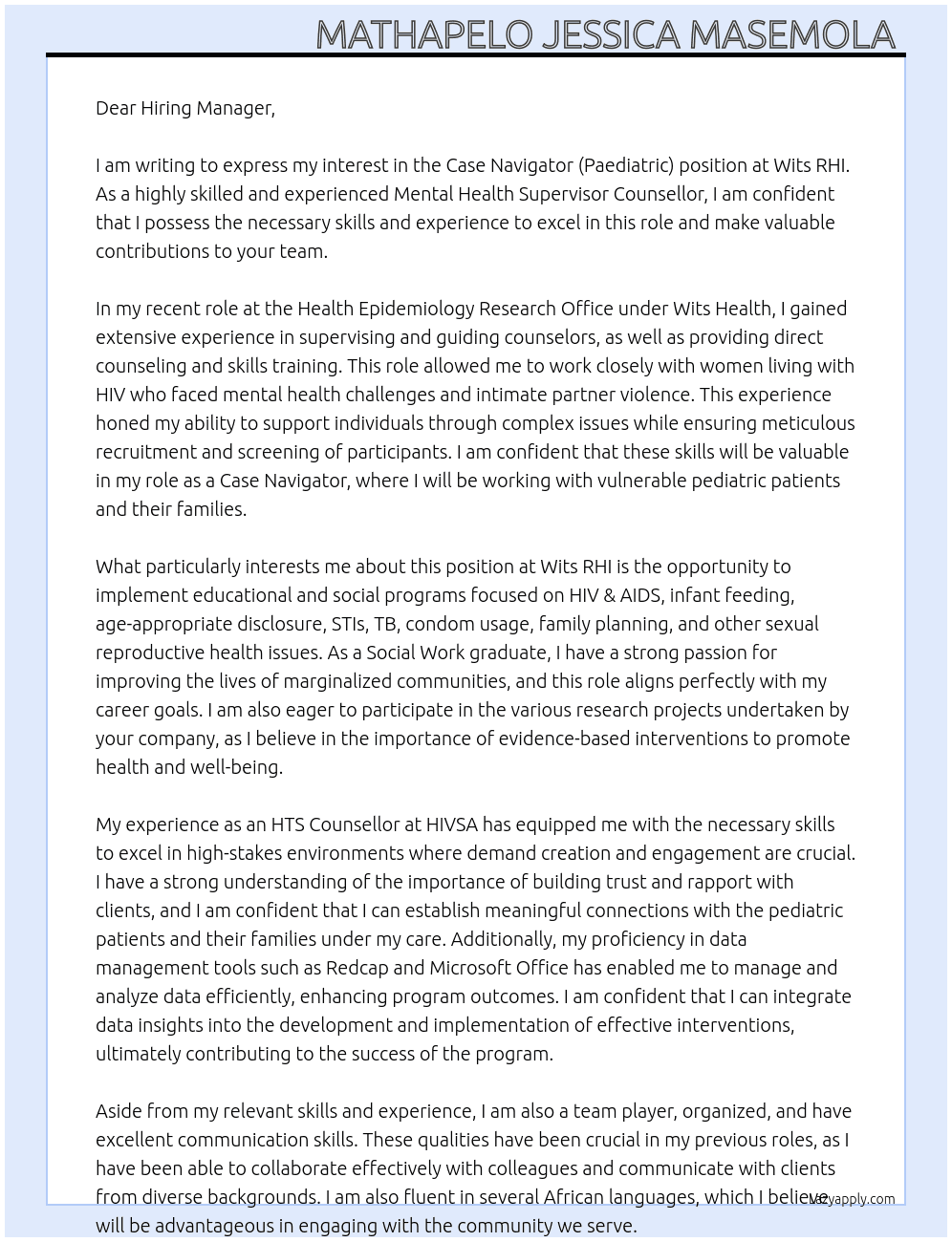 Case Navigator (Paediatric) At Wits RHI  Cover Letter