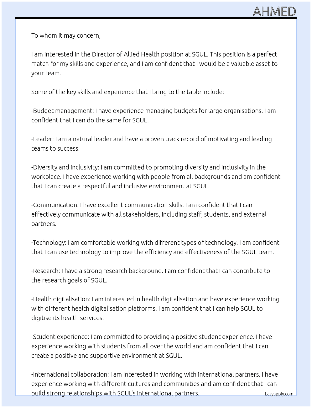 Director of Allied Health At SGUL Cover Letter