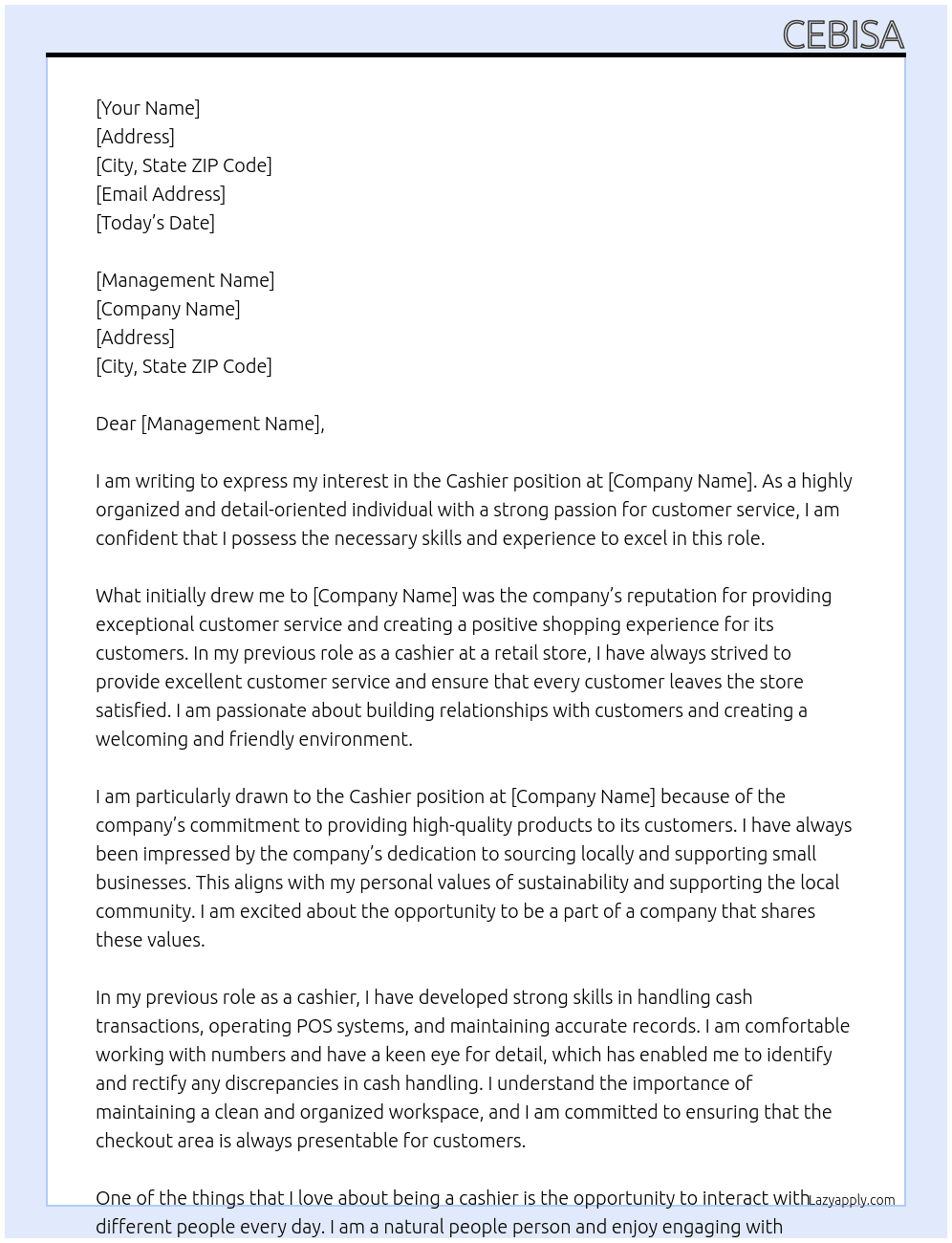 Cashier At Cashier  Cover Letter