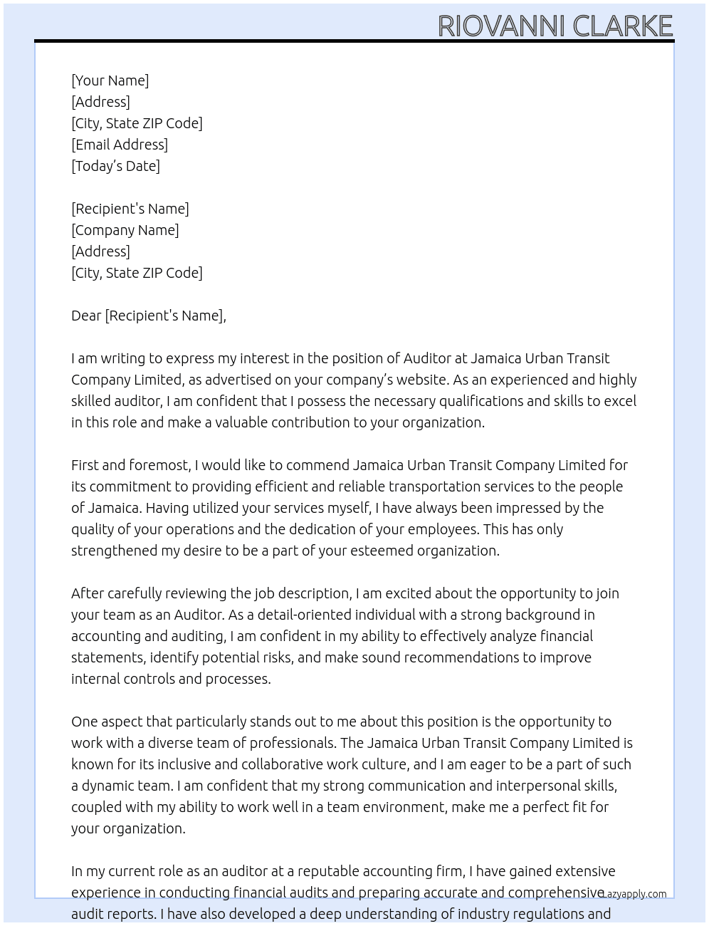 Auditor At Jamaica Urban Transit Company Limited Cover Letter
