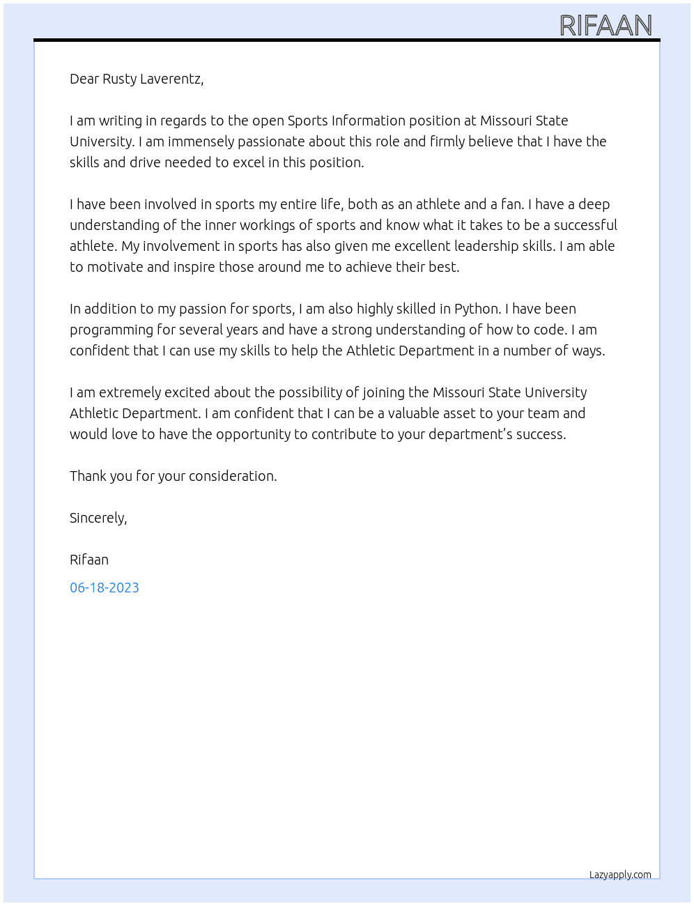 Sports information  At Missouri state university  Cover Letter