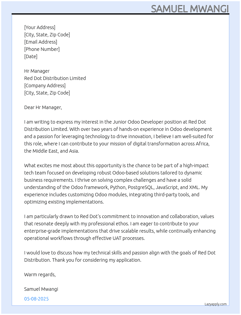 junior Odoo Developer At Red Dot Distribution Limited  Cover Letter