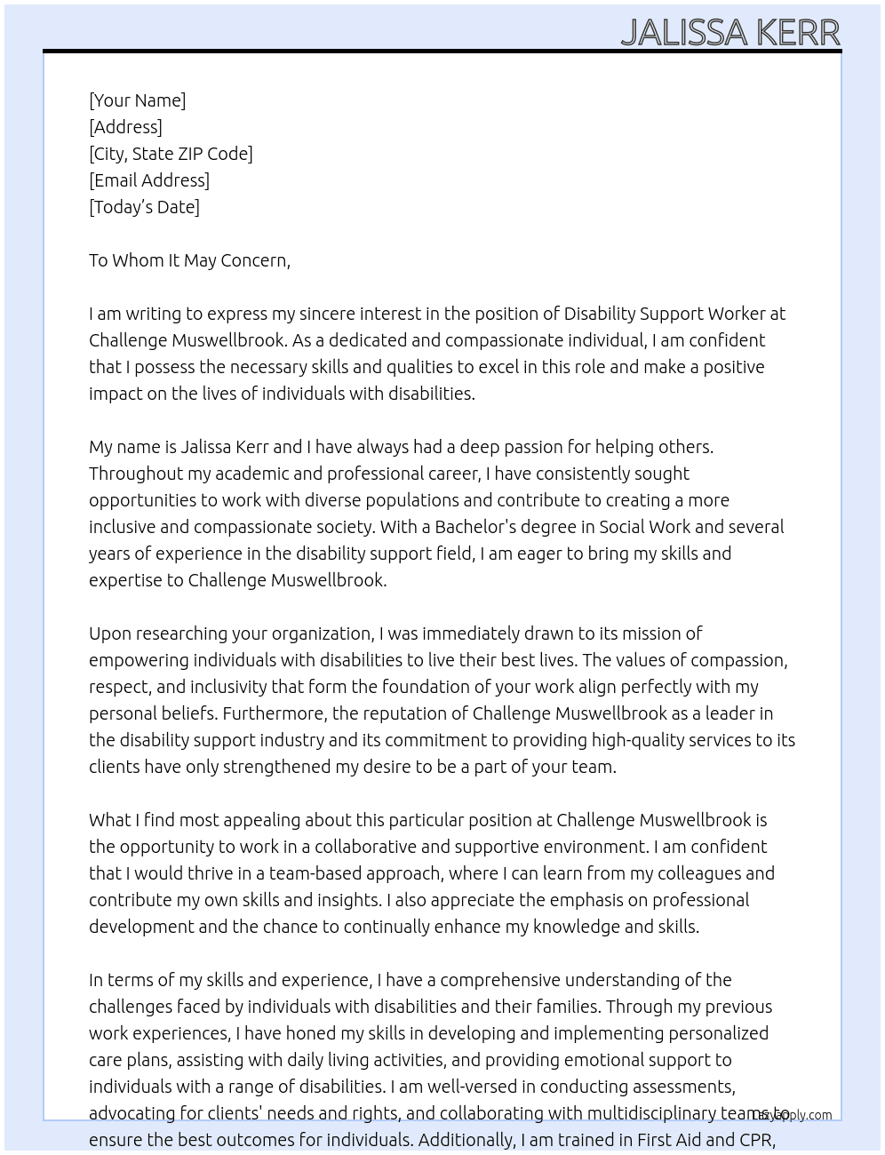 disability support worker At Challenge Muswellbrook Cover Letter
