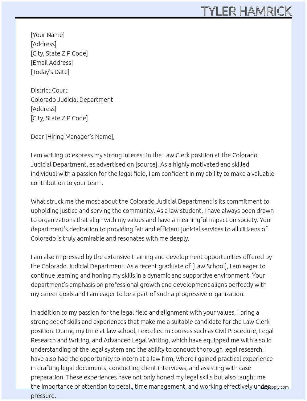 Law Clerk At Colorado Judicial Department Cover Letter