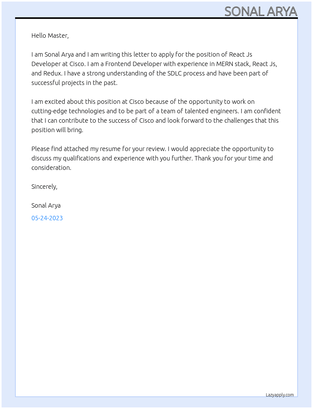 React js developer At cisco Cover Letter